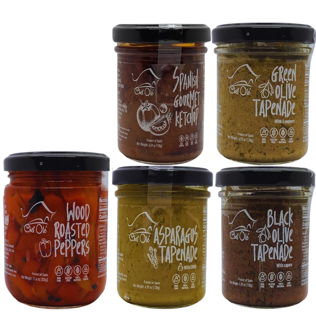Chef Ole\'s Party Set of 5 Healthy Tapenades/Dips - Includes Hummus type, Olive Tapenade, Black Olives, Green Olives, Asparagus, Wood roasted peppers, and Spanish gourmet ketchup Snack Pack