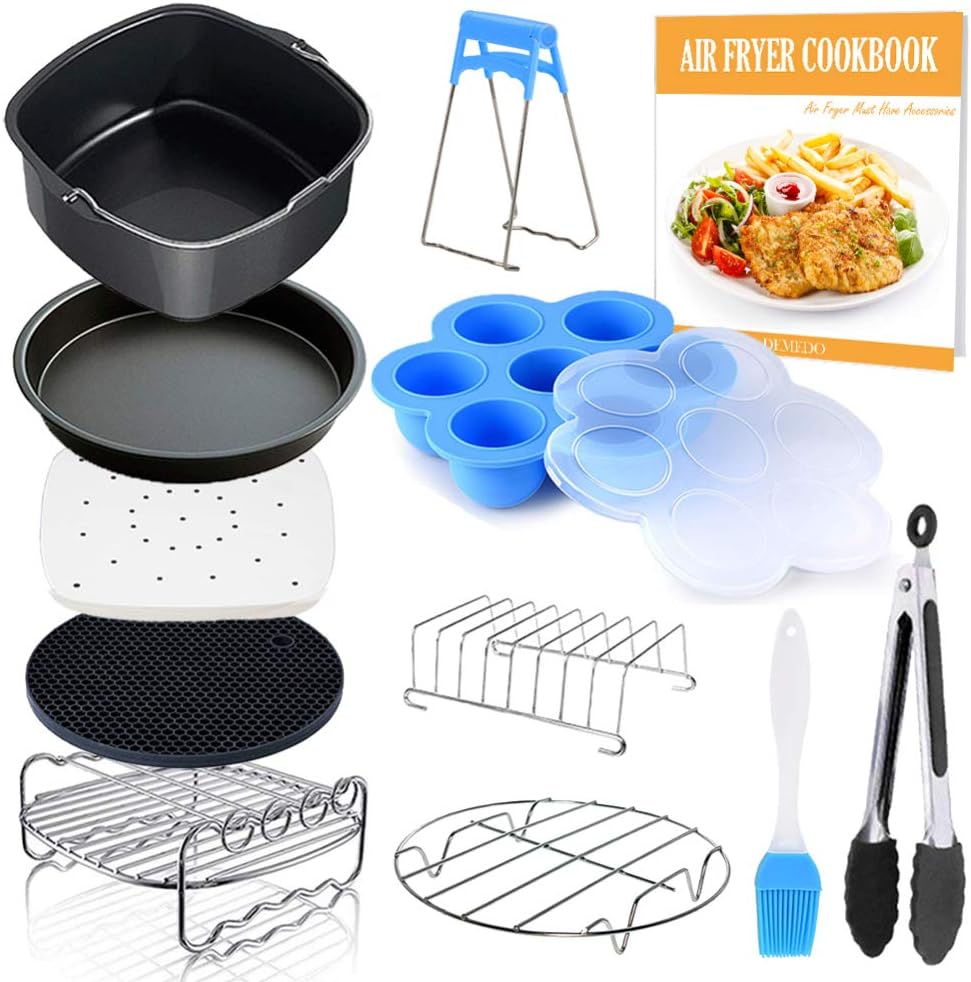 Square Air Fryer Accessories 11 pcs with Recipe Cookbook Compatible for Philips Air Fryer, COSORI and other Square AirFryers and Oven, Deluxe Deep Fryer Accessories Set of 12 (8 inch)