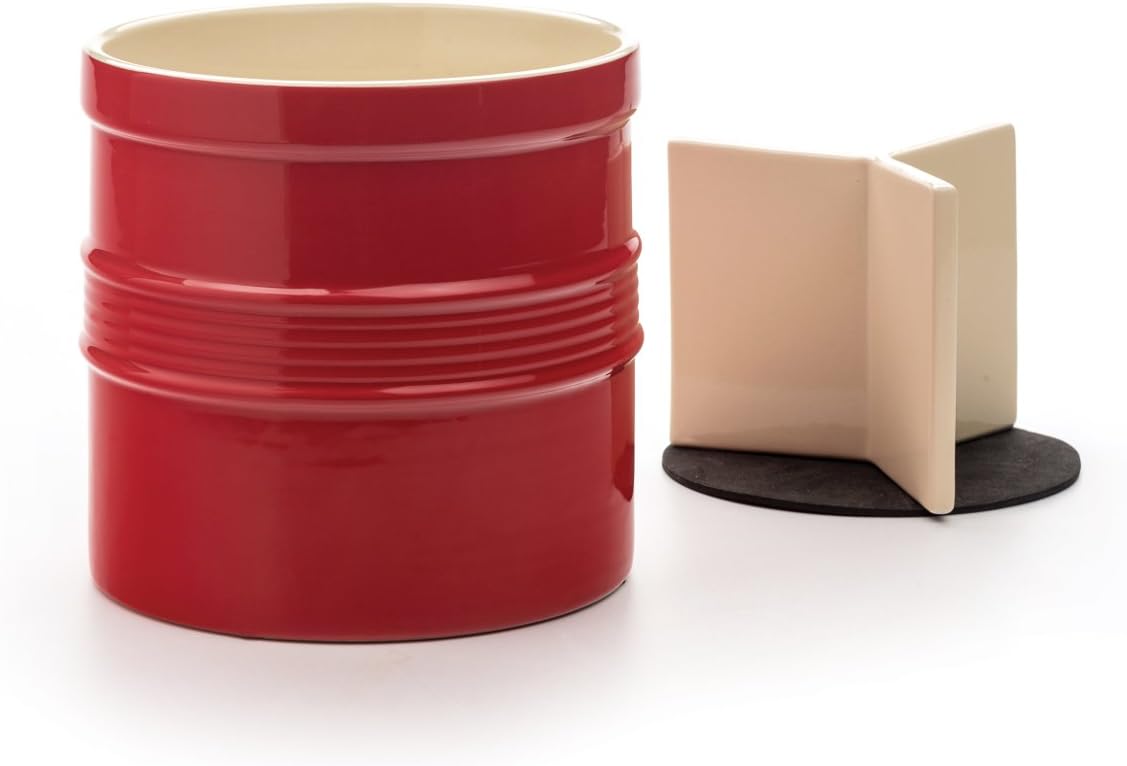 RSVP International Large Ceramic Utensil Holder, Kitchen Tool Crock Includes Removable Divider Allows Tools to Stand Straight, Non-Scratch Bottom to Protect Countertops, 7.5x7, Red