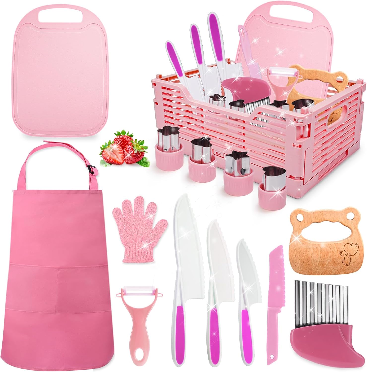 Easter Basket Stuffers Gifts for Kids,Montessori Toys for 3 4 5 6 7 8 9 10 Year Old Girls Boys Birthday Gifts,Kids Kitchen Knife Set for Real Cooking & Apron and Glove,Toddler Knife Set, Learning Toys