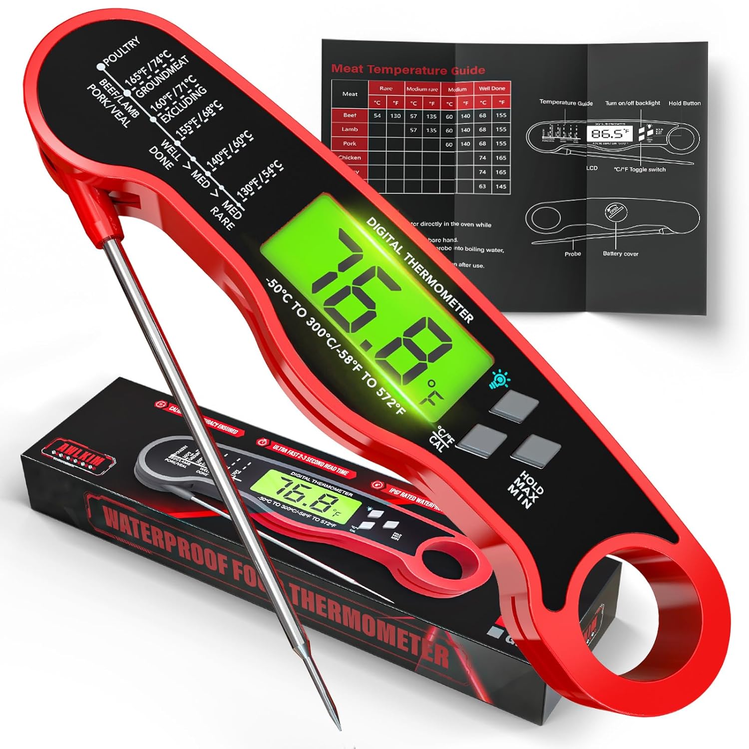 Instant Read Meat Thermometer for Grill and Cooking, Waterproof Fast Food Thermometer with Backlight, Digital Food Probe for Kitchen Cooking, Candy Making, Outside Grill - Red