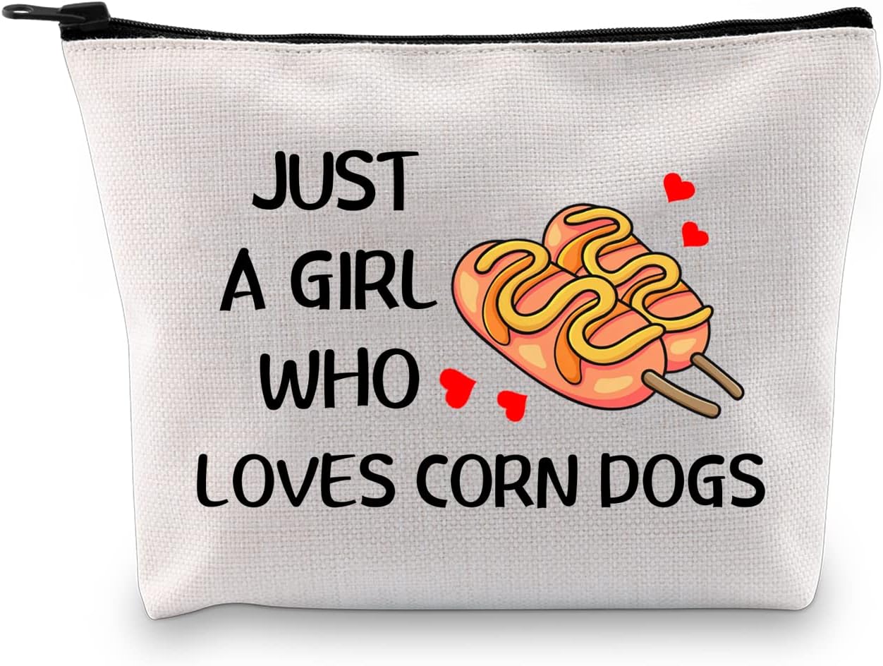 G2TUP Corn Dogs Lover Gift Who Loves Corn Dogs Makeup Bag Corndog Cosmetic Bag Hot Dog Lover Gift Foodie Zipper Travel Bag (Who Loves Corn Dogs White Bag)