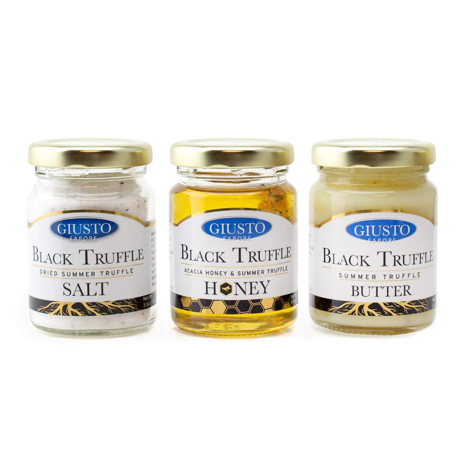 Giusto Sapore Truffle Trio Sweet and Savory Gourmet Gift Set - All Natural Truffle Acacia Honey, Truffle Salt and Truffle Butter - 3 pack