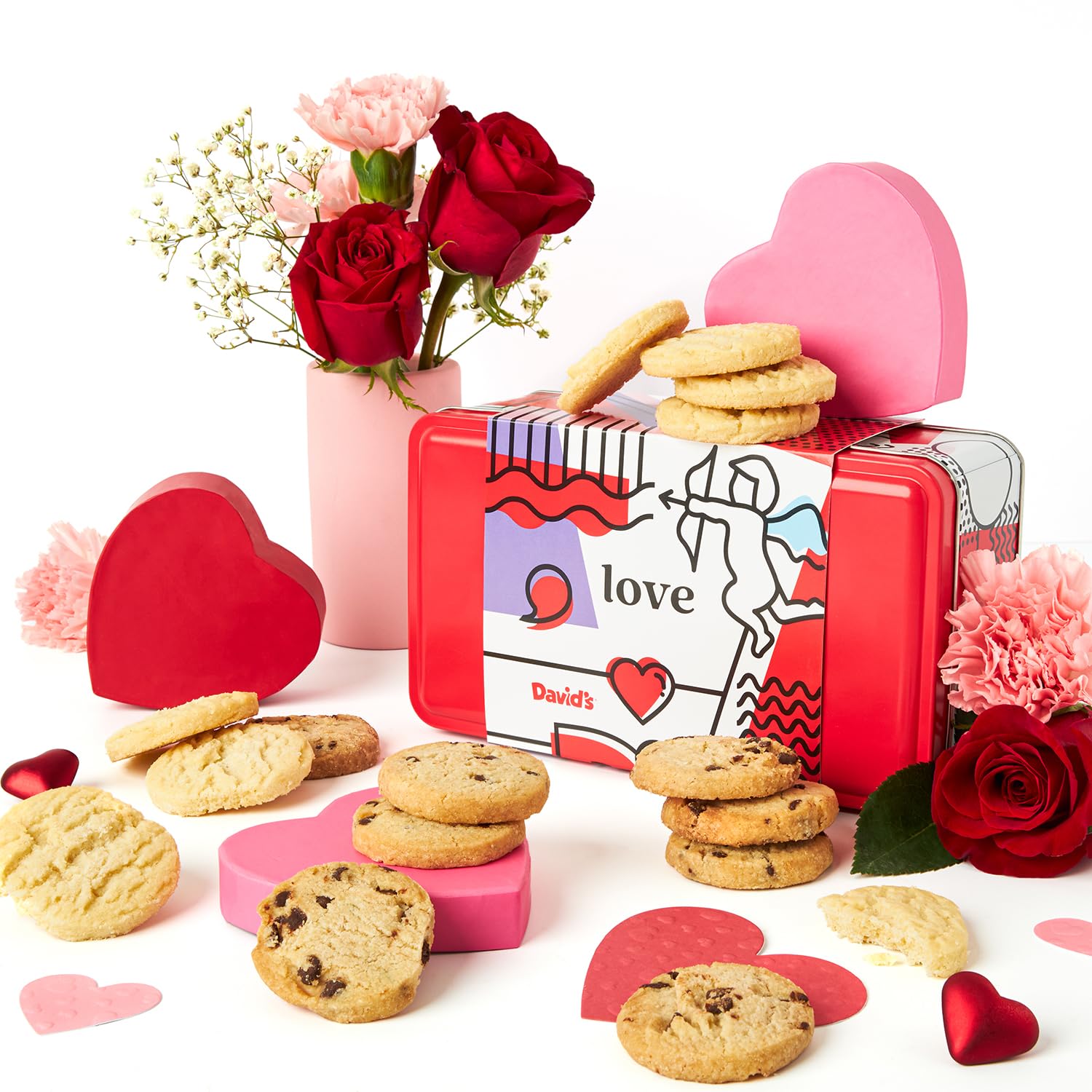 David’s Cookies Shortbread Cookies in Love Sweet Sampler Tin - Original and Chocolate Chip Shortbread Cookies in a Love-Themed Gift Tin - Gourmet Food Gift Basket for Her Him