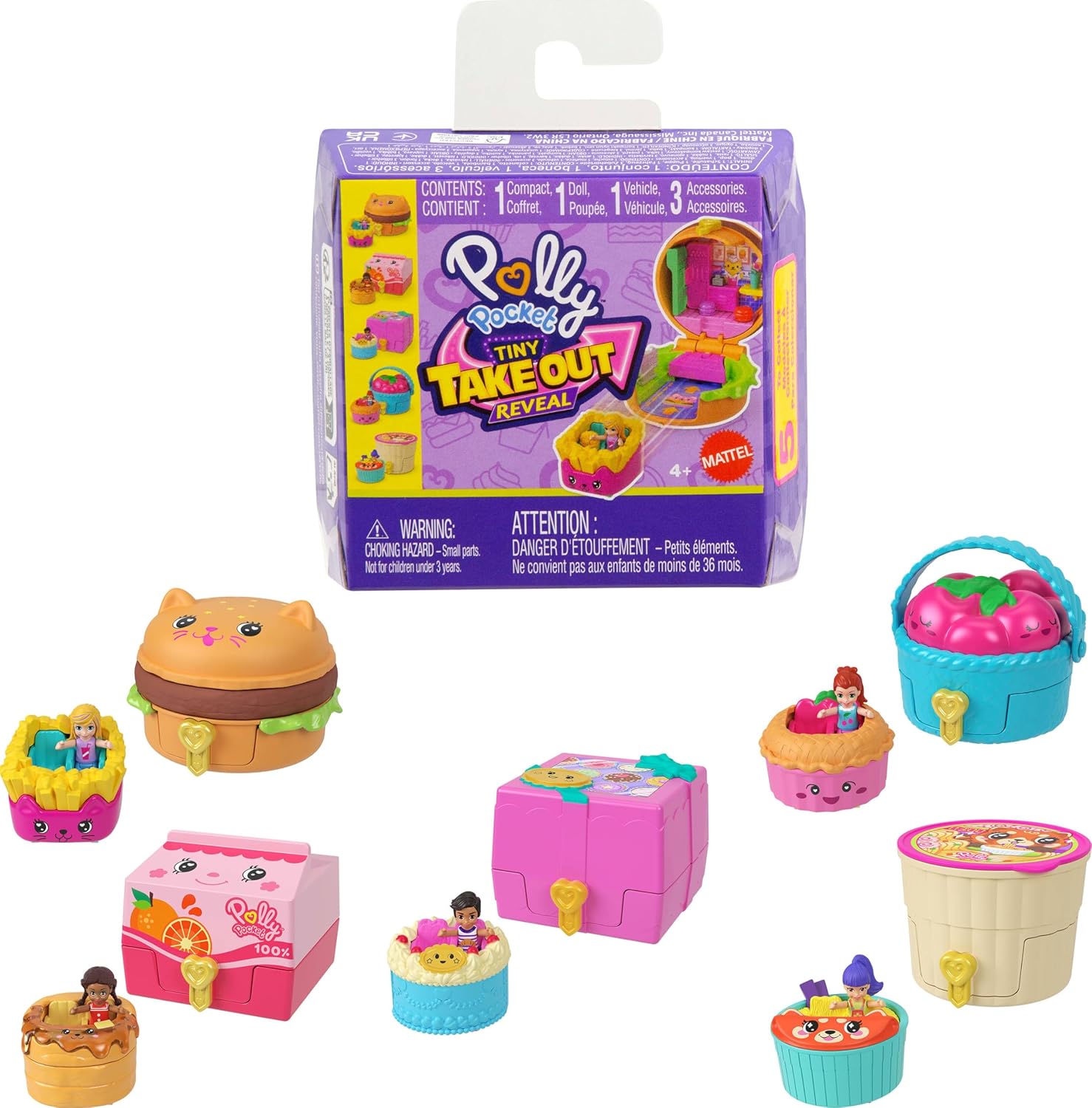 Polly Pocket Micro Dolls & Compacts with Toy Cars, Food Theme Vehicle Collection, Tiny Take Out Reveal Assortment with Surprises
