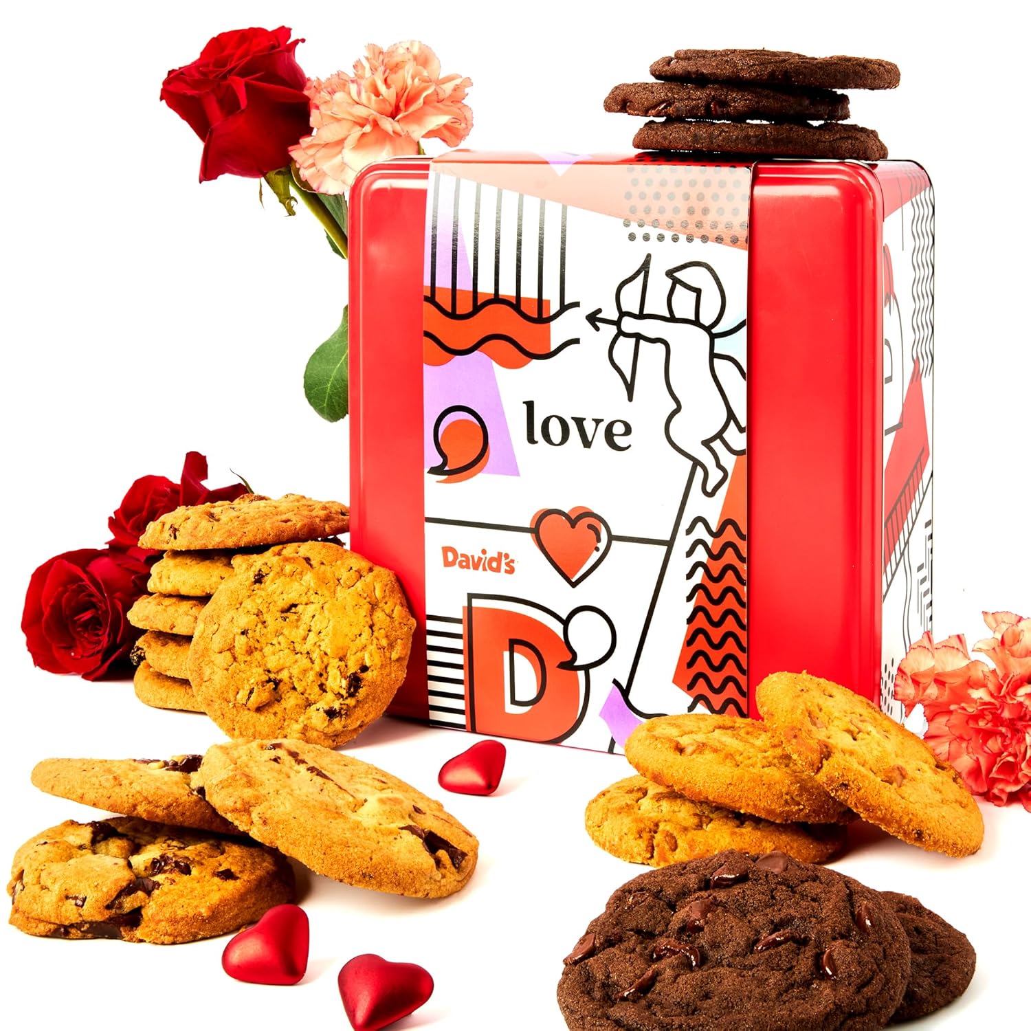David\'s Cookies Gift Basket 1lb - Deliciously Handmade Assorted Fresh Baked Cookies in Love-Themed Gift Tin - Premium Gourmet Cookie Food Gift Basket For Her, Him And Family