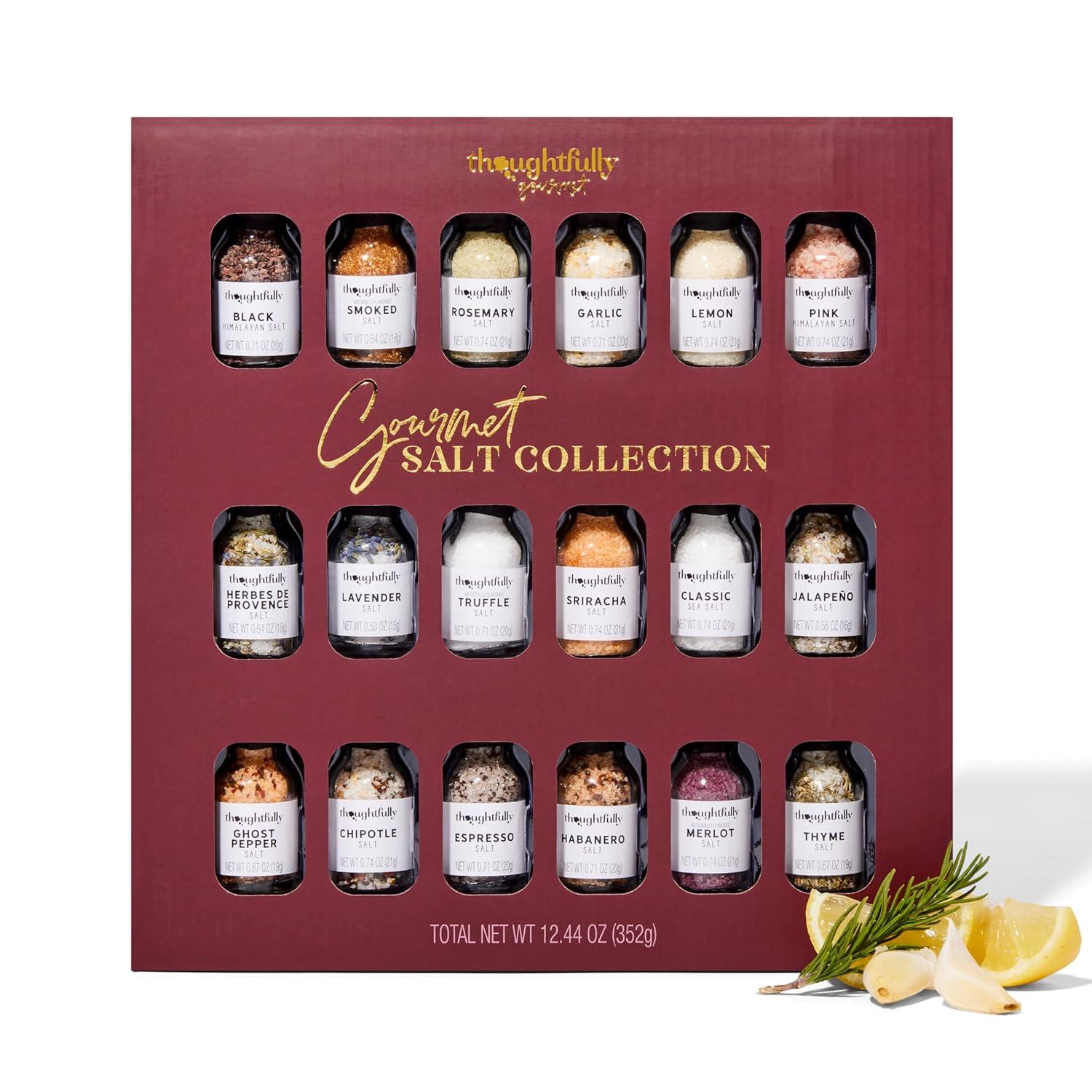 Thoughtfully Gourmet, Gourmet Salt Sampler Collection Gift Set, Vegan and Vegetarian, Uniquely Flavored Seasoning Salts Including Smoked, Truffle, Merlot, Lavender, Espresso and More, Set of 18