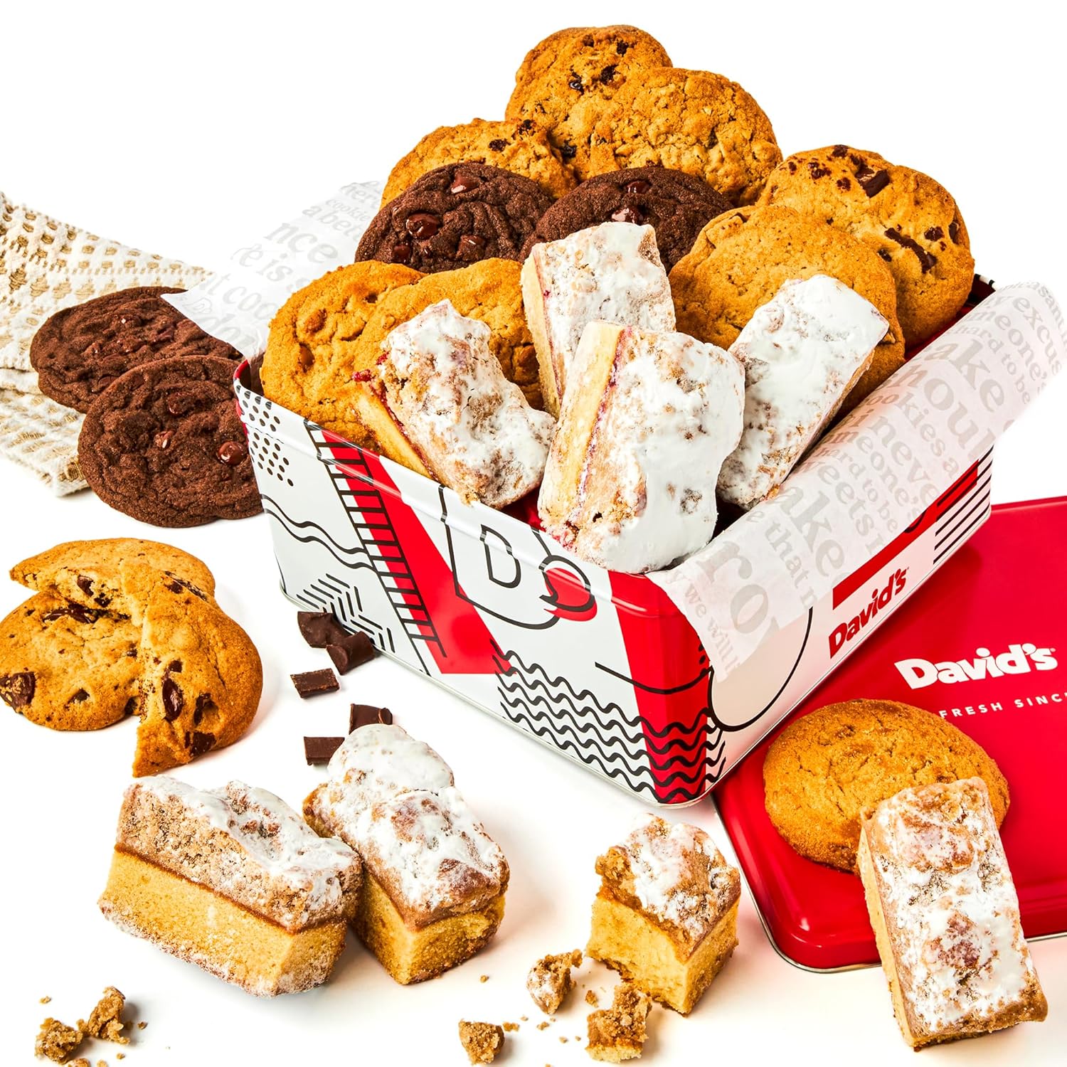 David\'s Cookies Assorted Fresh Baked Cookies & Crumb Cake Tin - 1Lb Assorted Cookies + 8 Individually Wrapped Crumb Cakes With Raspberry & Original Butter Flavors – Delicious Gourmet Food Gift For All