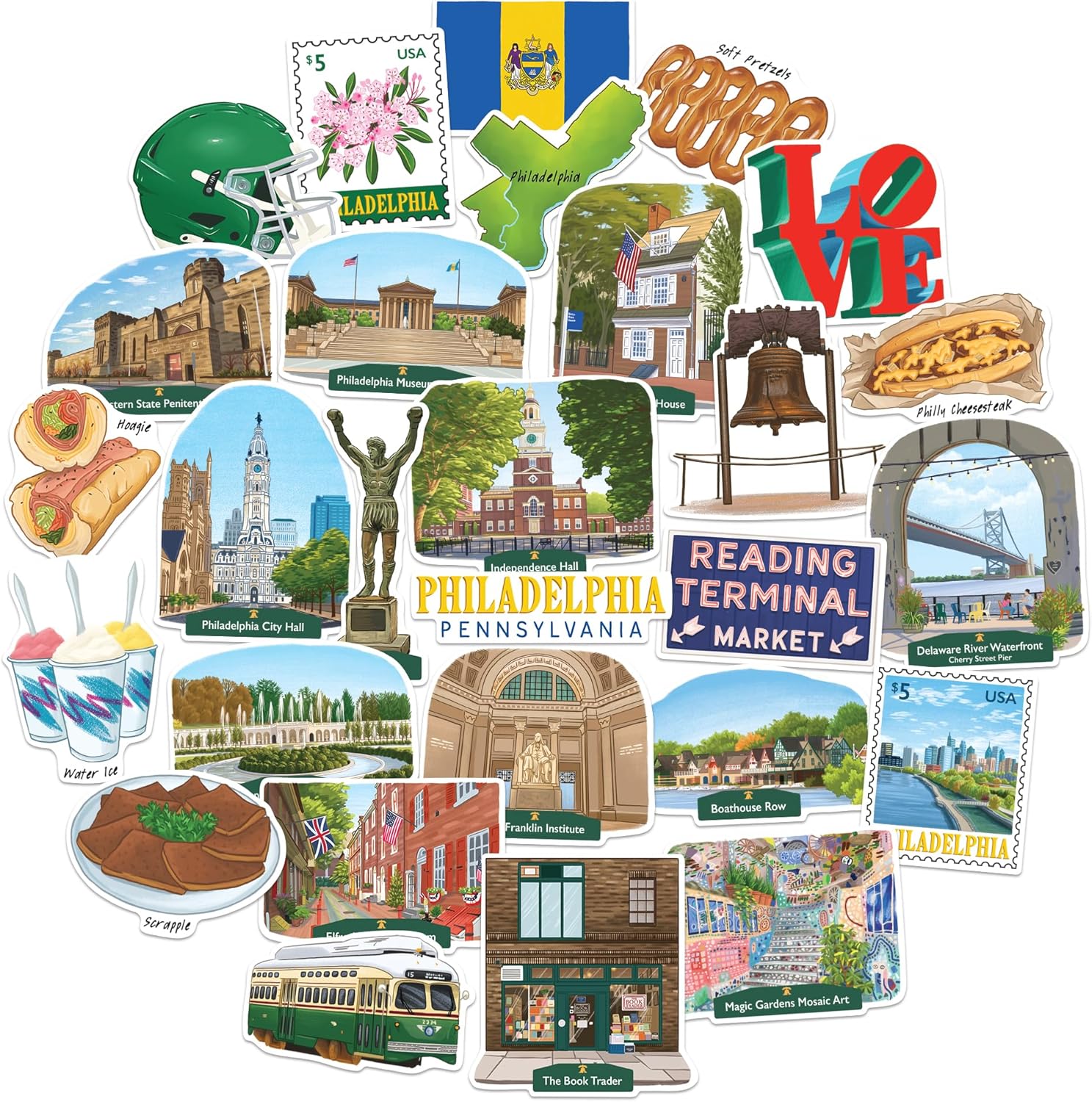Navy Peony Artistic Philadelphia Travel Stickers (28pcs)-Gouache Style, Philly, America-Themed Vacation Stickers for Scrapbooks, Journals, Laptop